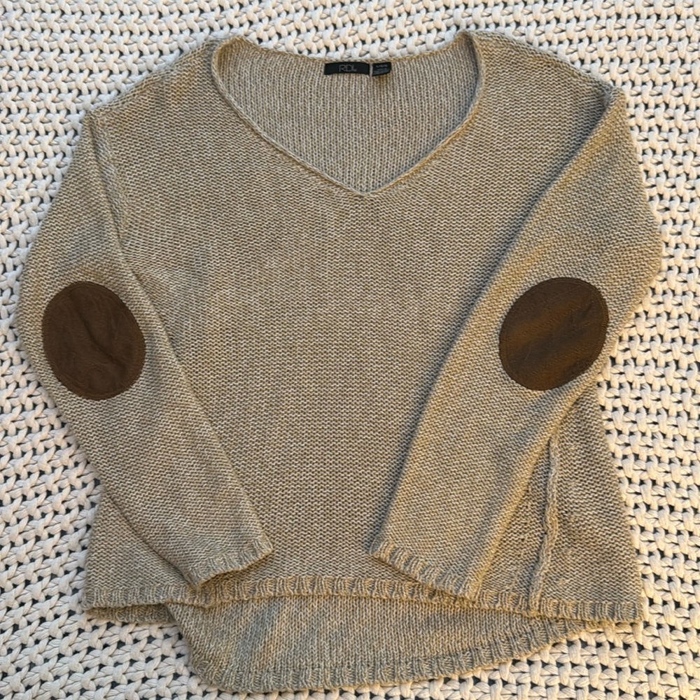 RDI v neck sweater w/elbow patches L